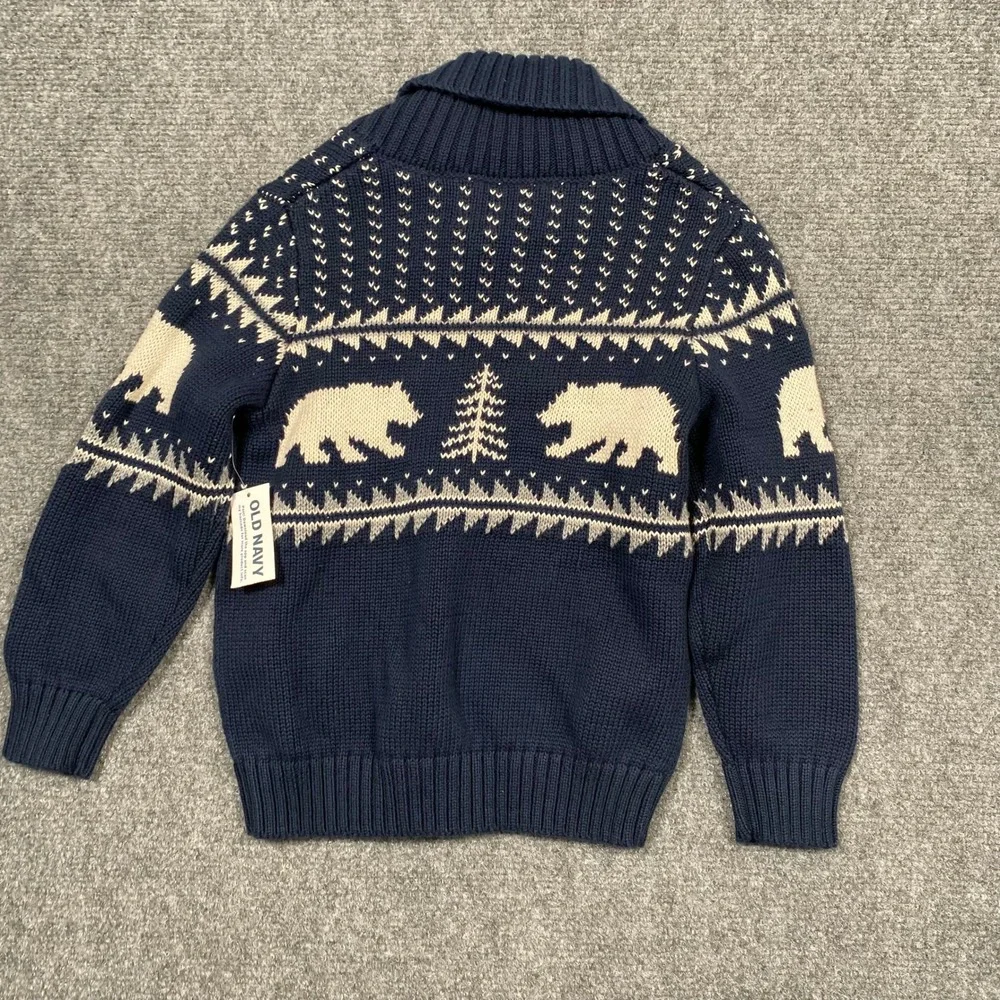 Old Navy Kids Boys Girls 3T Blue‎ Bear Tree Fair Isle Shawl Collar Sweater